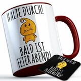 "Halte durch bald ist Feierabend" Tasse lustige Sprüchetasse inkl. passendem Untersetzer (5 Varianten)