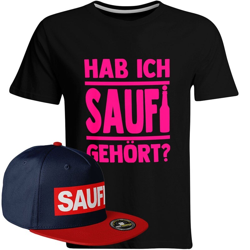 Saufi Saufi T-Shirt "Hab ich Saufi gehört?" inkl. SAUFI Snapback (T-Shirt: Schwarz/Pink / Snapback: Navy/Rot)