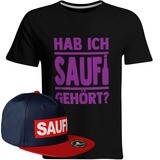 Saufi Saufi T-Shirt "Hab ich Saufi gehört?" inkl. SAUFI Snapback (T-Shirt: Schwarz/Violett / Snapback: Navy/Rot)