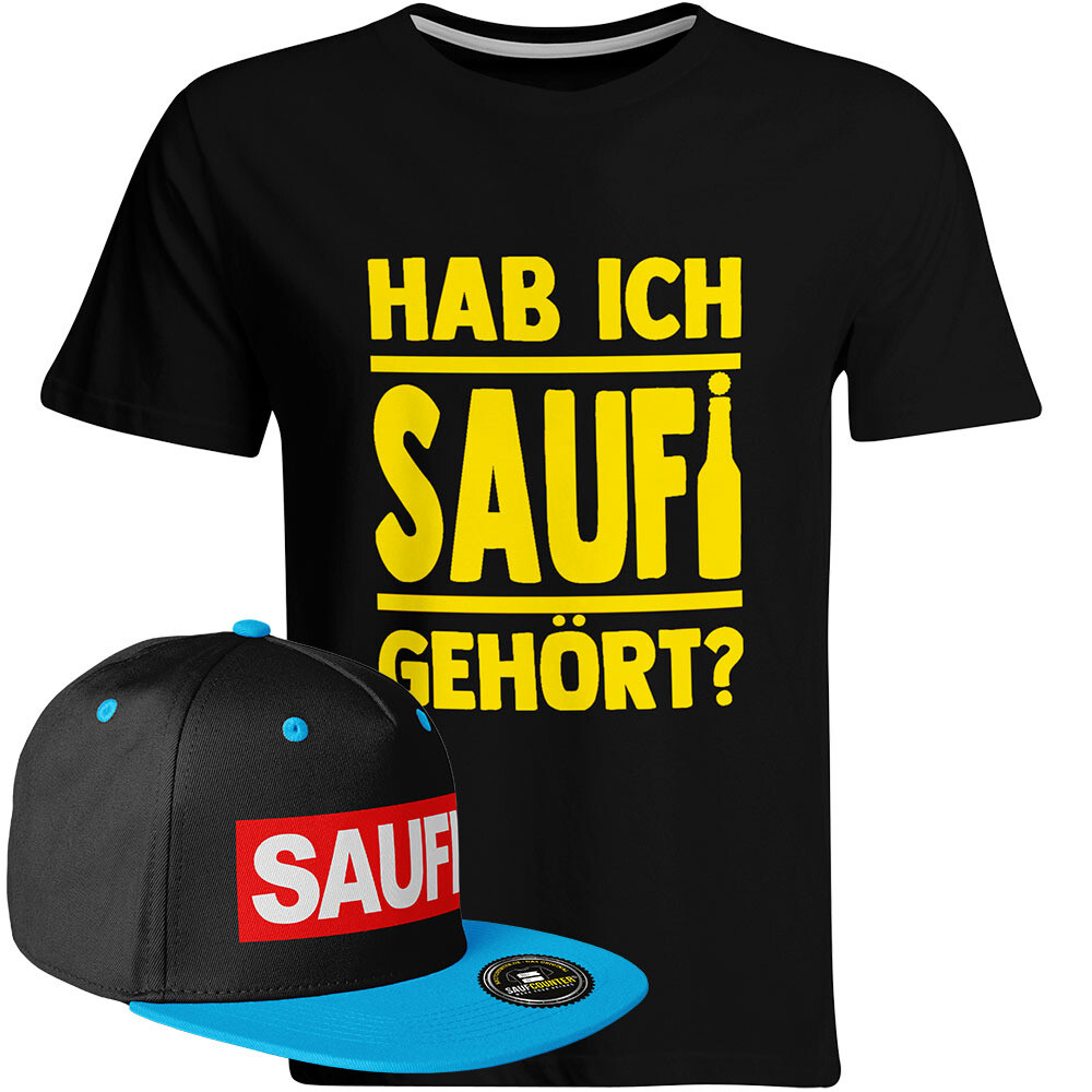 Saufi Saufi T-Shirt "Hab ich Saufi gehört?" inkl. SAUFI Snapback (T-Shirt: Schwarz/Gelb / Snapback: Schwarz/Blau)