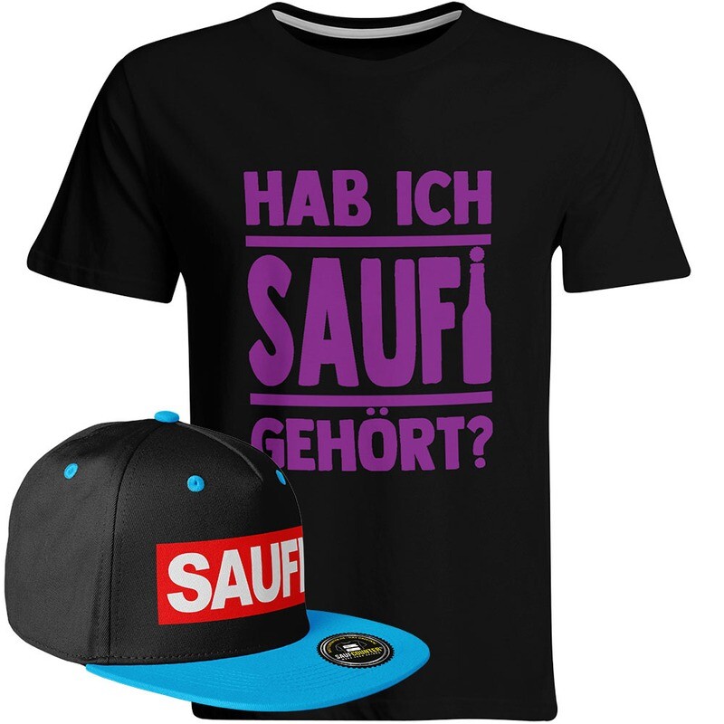 Saufi Saufi T-Shirt "Hab ich Saufi gehört?" inkl. SAUFI Snapback (T-Shirt: Schwarz/Violett / Snapback: Schwarz/Blau)