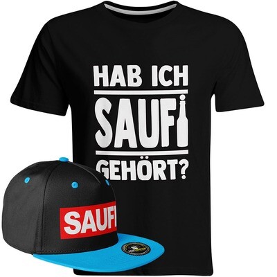Saufi Saufi T-Shirt "Hab ich Saufi gehört?" inkl. SAUFI Snapback (T-Shirt: Schwarz/Hellblau / Snapback: Schwarz/Blau)