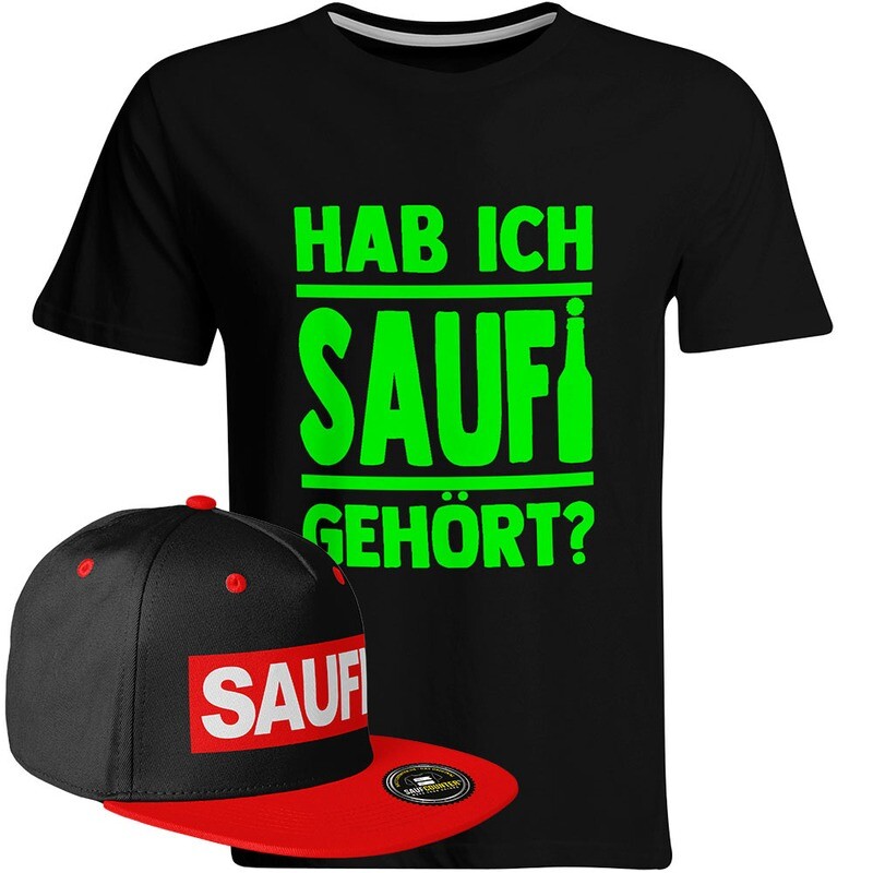 Saufi Saufi T-Shirt "Hab ich Saufi gehört?" inkl. SAUFI Snapback (T-Shirt: Schwarz/Neongrün / Snapback: Schwarz/Rot)