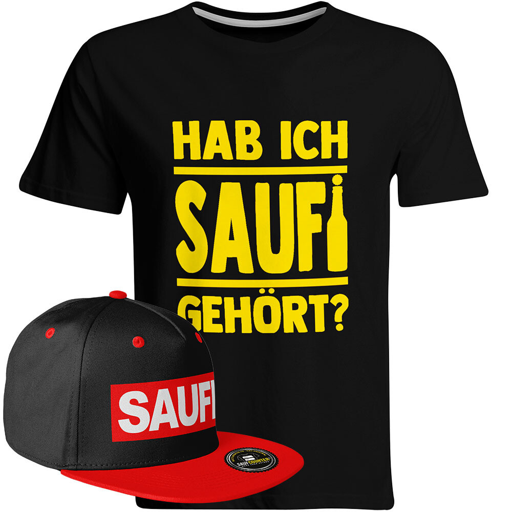 Saufi Saufi T-Shirt "Hab ich Saufi gehört?" inkl. SAUFI Snapback (T-Shirt: Schwarz/Gelb / Snapback: Schwarz/Rot)