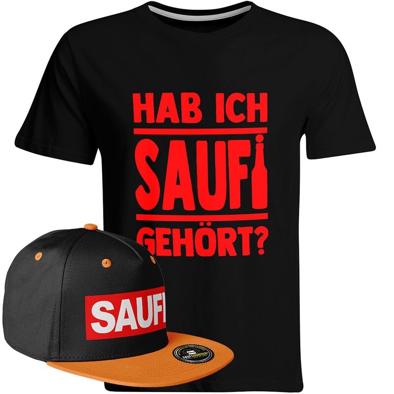 Saufi Saufi T-Shirt "Hab ich Saufi gehört?" inkl. SAUFI Snapback (T-Shirt: Schwarz/Rot / Snapback: Schwarz/Orange)