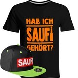 Saufi Saufi T-Shirt "Hab ich Saufi gehört?" inkl. SAUFI Snapback (T-Shirt: Schwarz/Orange / Snapback: Schwarz/Grün)