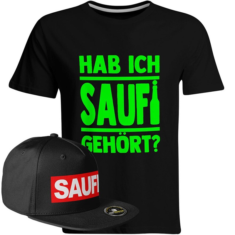 Saufi Saufi T-Shirt "Hab ich Saufi gehört?" inkl. SAUFI Snapback (T-Shirt: Schwarz/Neongrün / Snapback: Schwarz/Schwarz)