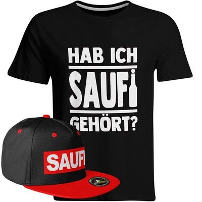 Saufi Saufi T-Shirt "Hab ich Saufi gehört?" inkl. SAUFI Snapback (T-Shirt: Schwarz/Weiß / Snapback: Schwarz/Rot)