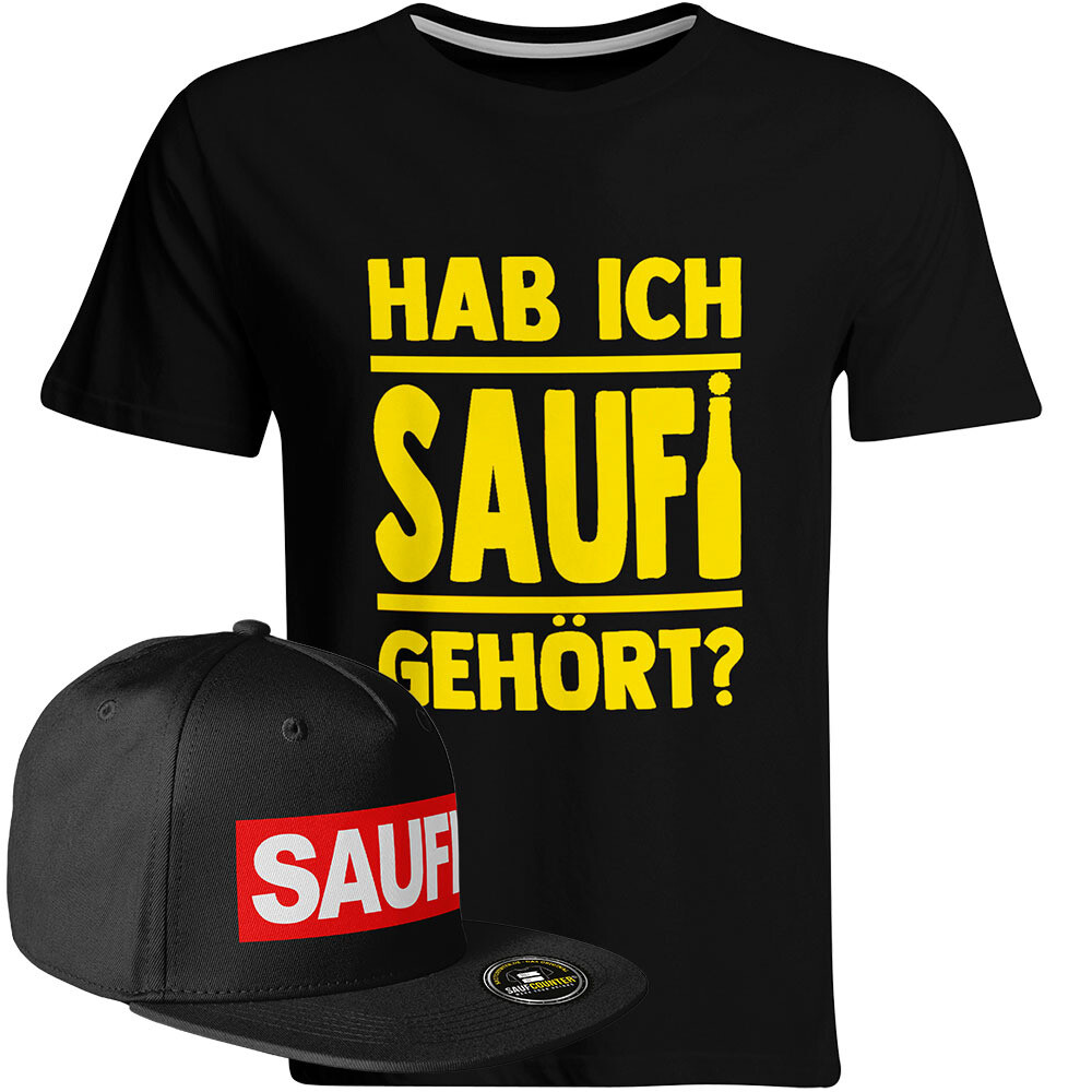 Saufi Saufi T-Shirt "Hab ich Saufi gehört?" inkl. SAUFI Snapback (T-Shirt: Schwarz/Gelb / Snapback: Schwarz/Schwarz)