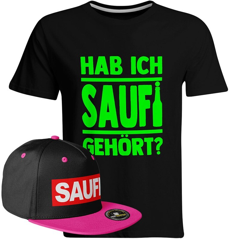 Saufi Saufi T-Shirt "Hab ich Saufi gehört?" inkl. SAUFI Snapback (T-Shirt: Schwarz/Neongrün / Snapback: Schwarz/Pink)