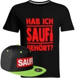 Saufi Saufi T-Shirt "Hab ich Saufi gehört?" inkl. SAUFI Snapback (T-Shirt: Schwarz/Rot / Snapback: Schwarz/Grün)