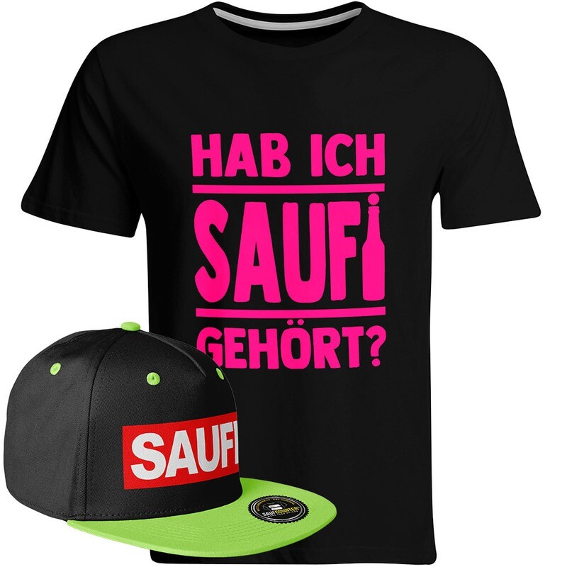 Saufi Saufi T-Shirt "Hab ich Saufi gehört?" inkl. SAUFI Snapback (T-Shirt: Schwarz/Neonpink / Snapback: Schwarz/Grün)