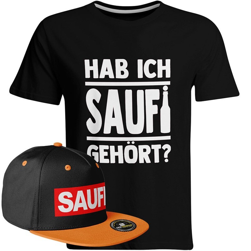 Saufi Saufi T-Shirt "Hab ich Saufi gehört?" inkl. SAUFI Snapback (T-Shirt: Schwarz/Weiß / Snapback: Schwarz/Orange)