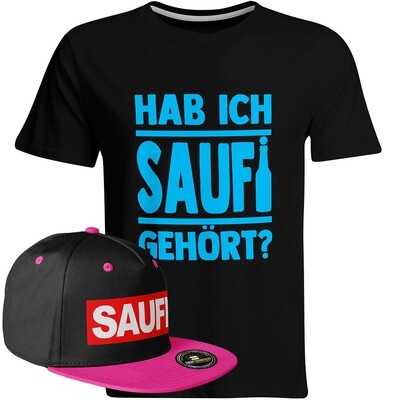 Saufi Saufi T-Shirt "Hab ich Saufi gehört?" inkl. SAUFI Snapback (T-Shirt: Schwarz/Hellblau / Snapback: Schwarz/Pink)