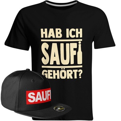 Saufi Saufi T-Shirt "Hab ich Saufi gehört?" inkl. SAUFI Snapback (T-Shirt: Schwarz/Beige / Snapback: Schwarz/Schwarz)