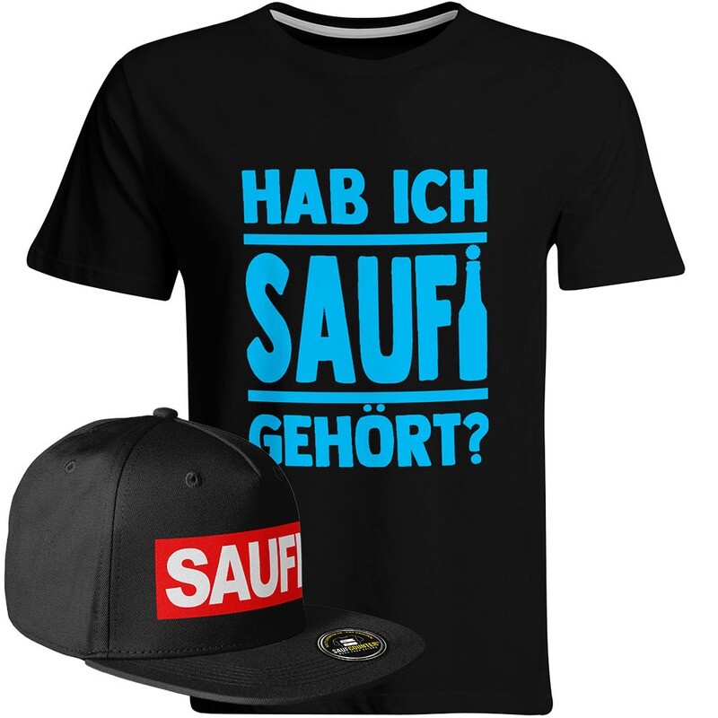 Saufi Saufi T-Shirt "Hab ich Saufi gehört?" inkl. SAUFI Snapback (T-Shirt: Schwarz/Hellblau / Snapback: Schwarz/Schwarz)