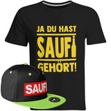 Saufi Saufi T-Shirt "Ja du hast Saufi gehört!" inkl. SAUFI Snapback (T-Shirt: Schwarz/Gelb / Snapback: Schwarz/Grün)