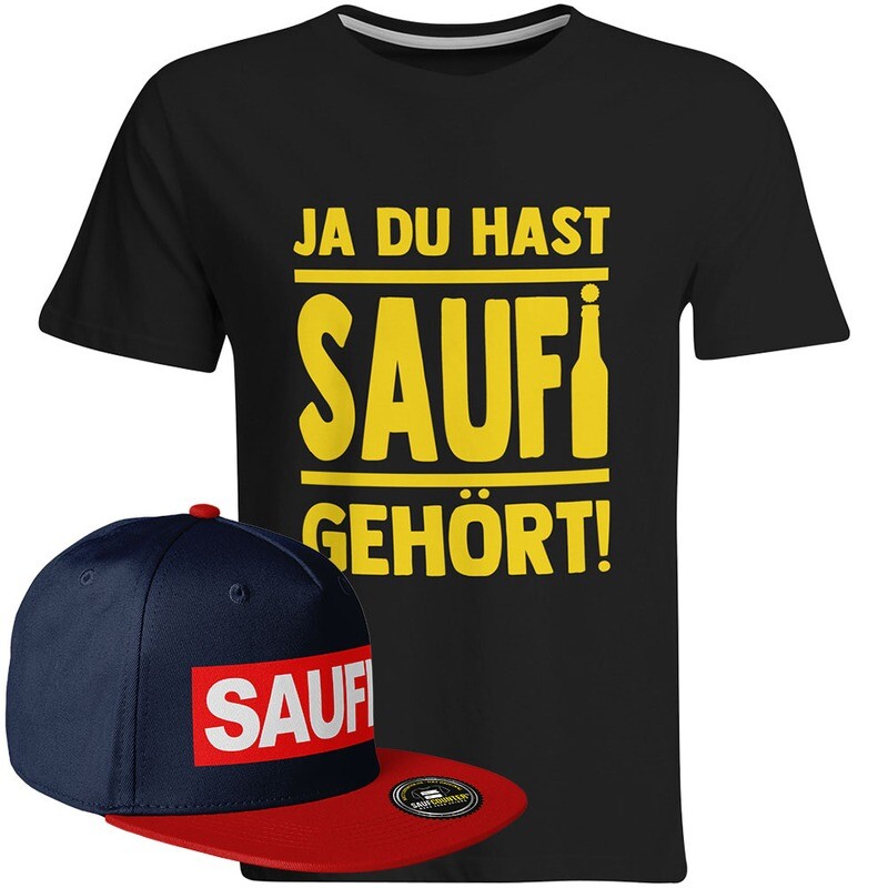 Saufi Saufi T-Shirt "Ja du hast Saufi gehört!" inkl. SAUFI Snapback (T-Shirt: Schwarz/Gelb / Snapback: Navy/Rot)