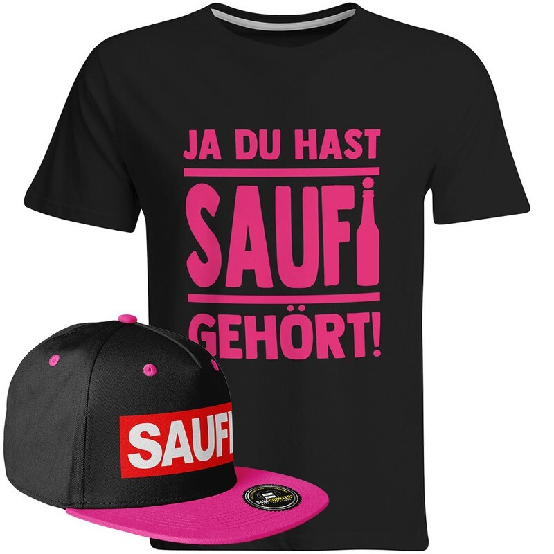 Saufi Saufi T-Shirt "Ja du hast Saufi gehört!" inkl. SAUFI Snapback (T-Shirt: Schwarz/Neonpink / Snapback: Schwarz/Pink)