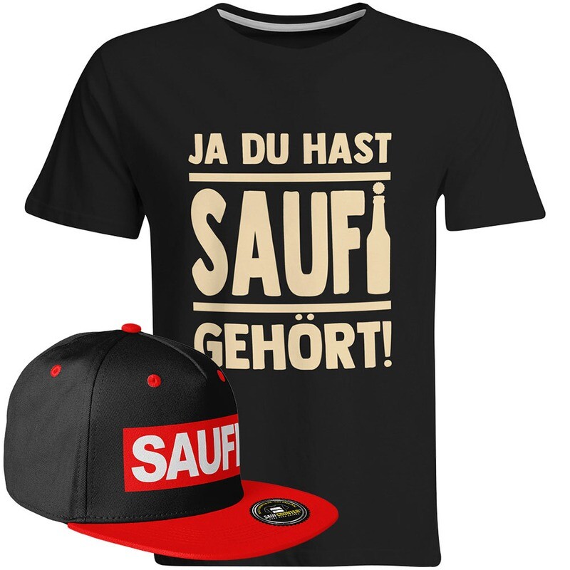 Saufi Saufi T-Shirt "Ja du hast Saufi gehört!" inkl. SAUFI Snapback (T-Shirt: Schwarz/Beige / Snapback: Schwarz/Rot)