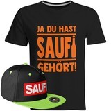 Saufi Saufi T-Shirt "Ja du hast Saufi gehört!" inkl. SAUFI Snapback (T-Shirt: Schwarz/Orange / Snapback: Schwarz/Grün)