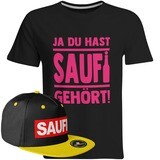 Saufi Saufi T-Shirt "Ja du hast Saufi gehört!" inkl. SAUFI Snapback (T-Shirt: Schwarz/Neonpink / Snapback: Schwarz/Gelb)