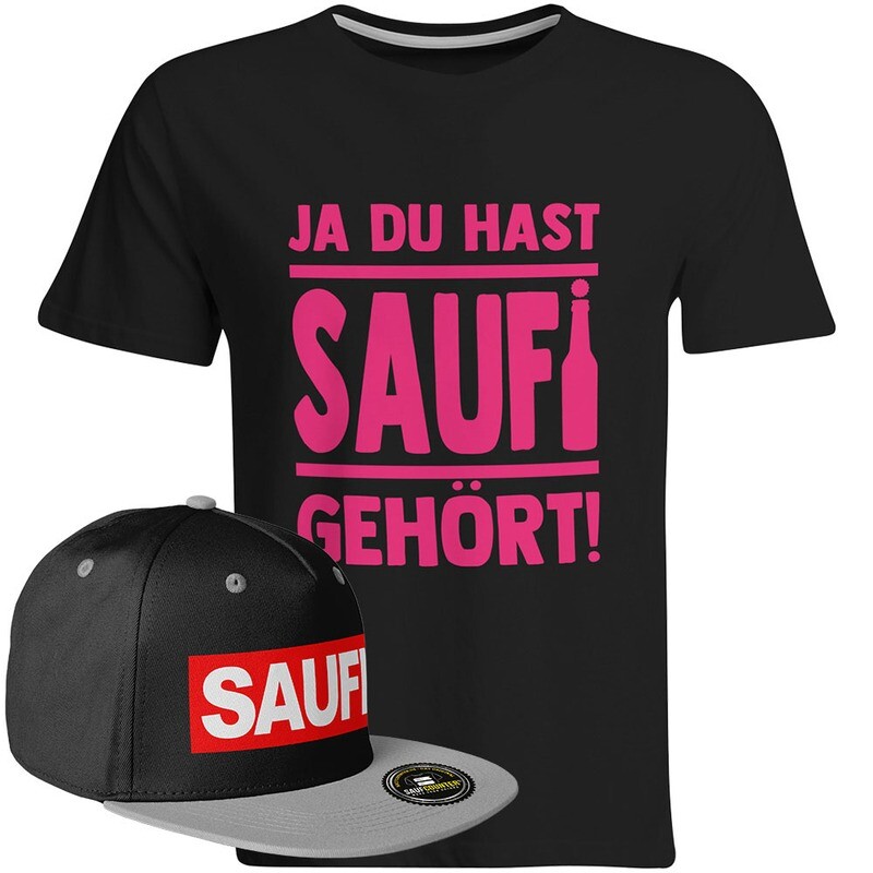 Saufi Saufi T-Shirt "Ja du hast Saufi gehört!" inkl. SAUFI Snapback (T-Shirt: Schwarz/Neonpink / Snapback: Schwarz/Grau)