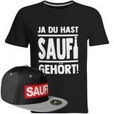 Saufi Saufi T-Shirt "Ja du hast Saufi gehört!" inkl. SAUFI Snapback (T-Shirt: Schwarz/Weiß / Snapback: Schwarz/Grau)