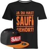 Saufi Saufi T-Shirt "Ja du hast Saufi gehört!" inkl. SAUFI Snapback (T-Shirt: Schwarz/Orange / Snapback: Schwarz/Orange)