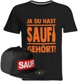 Saufi Saufi T-Shirt "Ja du hast Saufi gehört!" inkl. SAUFI Snapback (T-Shirt: Schwarz/Orange / Snapback: Schwarz/Schwarz)