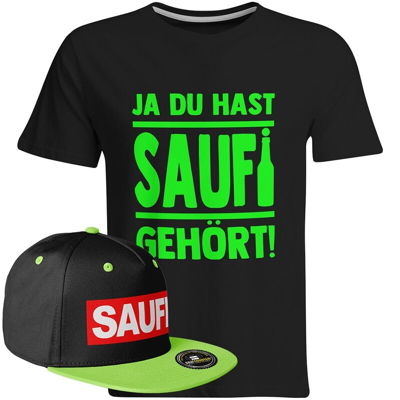 Saufi Saufi T-Shirt "Ja du hast Saufi gehört!" inkl. SAUFI Snapback (T-Shirt: Schwarz/Neongrün / Snapback: Schwarz/Grün)