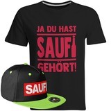 Saufi Saufi T-Shirt "Ja du hast Saufi gehört!" inkl. SAUFI Snapback (T-Shirt: Schwarz/Rot / Snapback: Schwarz/Grün)