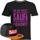 Saufi Saufi T-Shirt "Ja du hast Saufi gehört!" inkl. SAUFI Snapback (T-Shirt: Schwarz/Violett / Snapback: Schwarz/Orange)