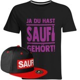 Saufi Saufi T-Shirt "Ja du hast Saufi gehört!" inkl. SAUFI Snapback (T-Shirt: Schwarz/Violett / Snapback: Schwarz/Rot)