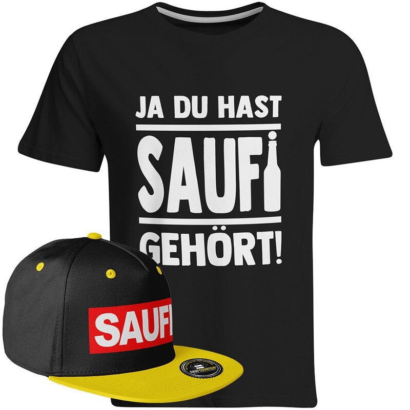 Saufi Saufi T-Shirt "Ja du hast Saufi gehört!" inkl. SAUFI Snapback (T-Shirt: Schwarz/Weiß  / Snapback: Schwarz/Gelb)