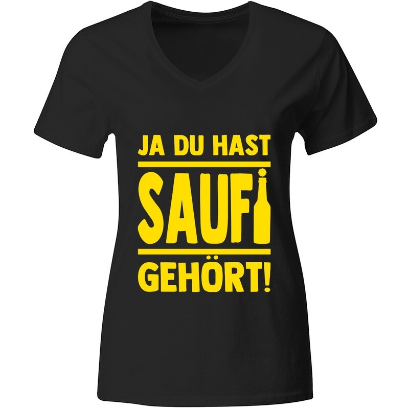 "Ja, du hast Saufi gehört!" T-Shirt (Damen, Farbe Schwarz/Gelb)