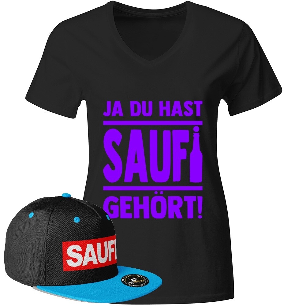 "Ja, du hast Saufi gehört!" T-Shirt (Schwarz) inkl. Saufi Snapback (Schwarz/Blau) (Damen, verschiedene Druckfarben)