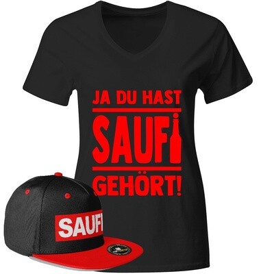 "Ja, du hast Saufi gehört!" T-Shirt (Schwarz) inkl. Saufi Snapback (Schwarz/Rot) (Damen, verschiedene Druckfarben)
