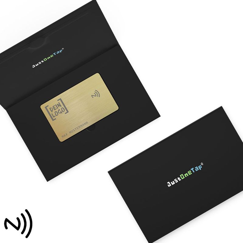 Kontaktlose NFC-Visitenkarte graviert mit eigenem Logo/Firmenlogo aus gebürstetem Edelstahl - erhältlich in verschiedenen Farben Smartphone NFC-Visitenkarte aus Metall in Geschenkverpackung NFC Karte aus Edelstahl Visitenkarte erstellen Smartphone Kontaktdaten per NFC weitergeben Visitenkarte mit Gravur gravierte Visitenkarte mit eigenem Logo Firmenlogo Luxuriöses Geschenk für Männer und Frauen Farbe Gold Magnetbox Geschenkbox Geschenkverpackung
