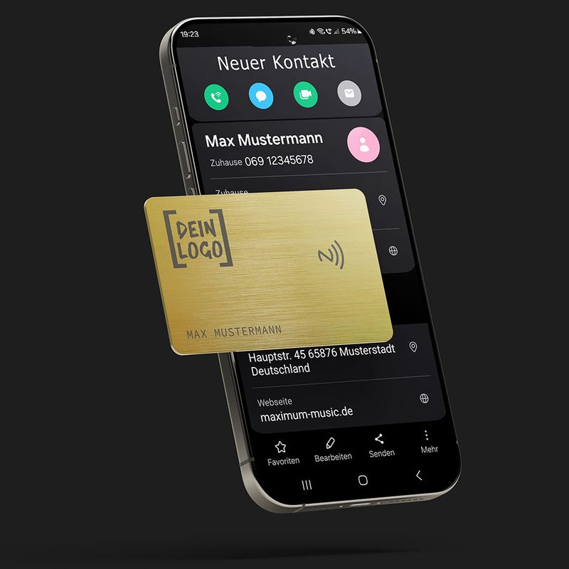 NFC-Visitenkarte aus Metall mit eigenem Logo - erhältlich in verschiedenen Farben Smartphone NFC-Visitenkarte aus Metall in Geschenkverpackung NFC Karte aus Edelstahl Visitenkarte erstellen Smartphone Kontaktdaten per NFC weitergeben Visitenkarte mit Gravur gravierte Visitenkarte mit eigenem Logo Firmenlogo Luxuriöses Geschenk für Männer und Frauen Farbe Gold