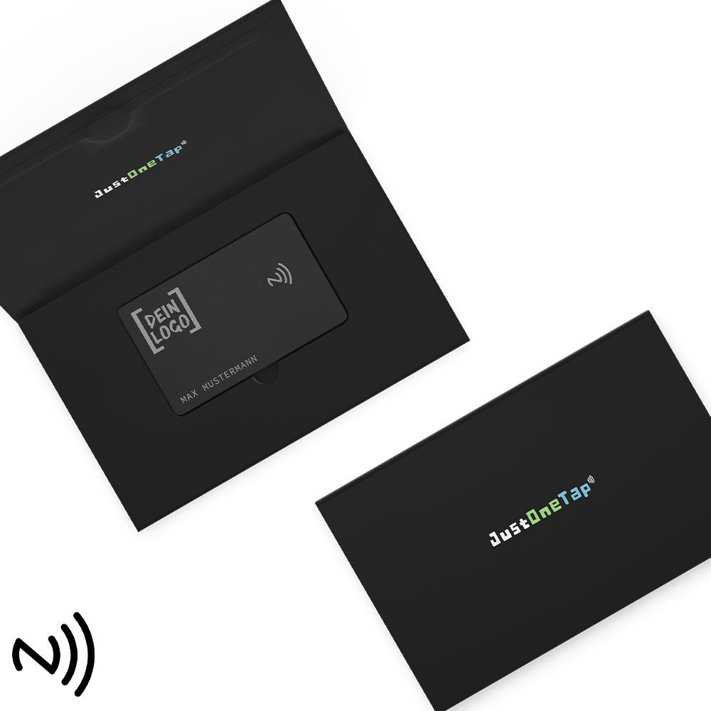 Smartphone NFC-Visitenkarte aus Metall in Geschenkverpackung NFC Karte aus Edelstahl Visitenkarte erstellen Smartphone Kontaktdaten per NFC weitergeben Visitenkarte mit Gravur gravierte Visitenkarte mit eigenem Logo Firmenlogo Luxuriöses Geschenk für Männer und Frauen Farbe Schwarz Black Magnetbox Geschenkbox Geschenkverpackung