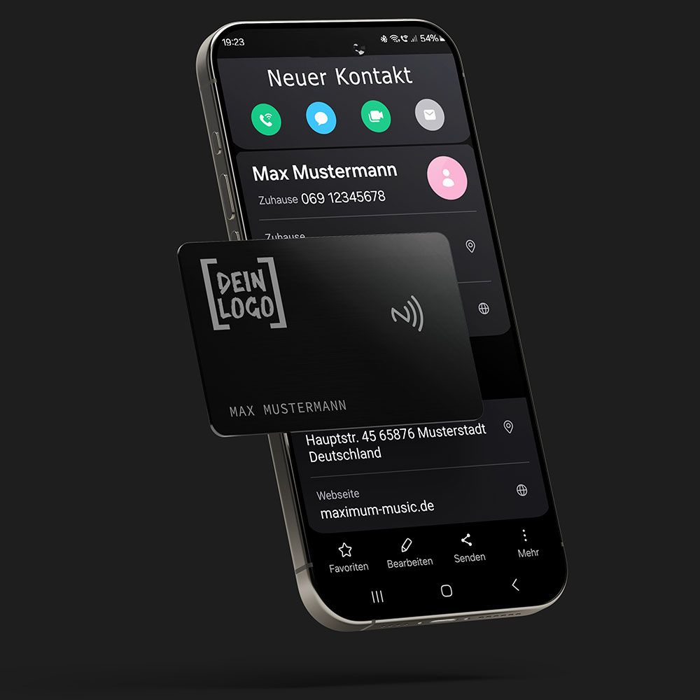 Smartphone NFC-Visitenkarte aus Metall in Geschenkverpackung NFC Karte aus Edelstahl Visitenkarte erstellen Smartphone Kontaktdaten per NFC weitergeben Visitenkarte mit Gravur gravierte Visitenkarte mit eigenem Logo Firmenlogo Luxuriöses Geschenk für Männer und Frauen Farbe Schwarz Black