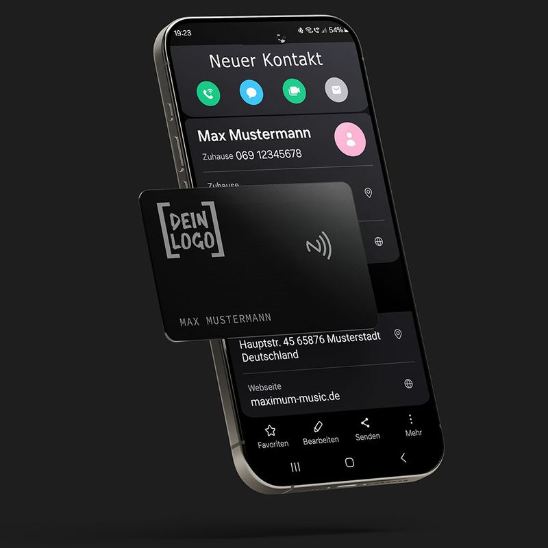 Smartphone NFC-Visitenkarte aus Metall in Geschenkverpackung NFC Karte aus Edelstahl Visitenkarte erstellen Smartphone Kontaktdaten per NFC weitergeben Visitenkarte mit Gravur gravierte Visitenkarte mit eigenem Logo Firmenlogo Luxuriöses Geschenk für Männer und Frauen Farbe Schwarz Black