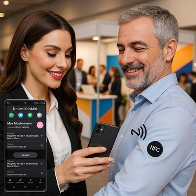 NFC-Patch NFC-Patch "Business Edition" zum Aufbügeln auf eigene Kleidung mit Link zur digitalen Visitenkarte, die sich direkt in den Kontakten des Smartphones speichert