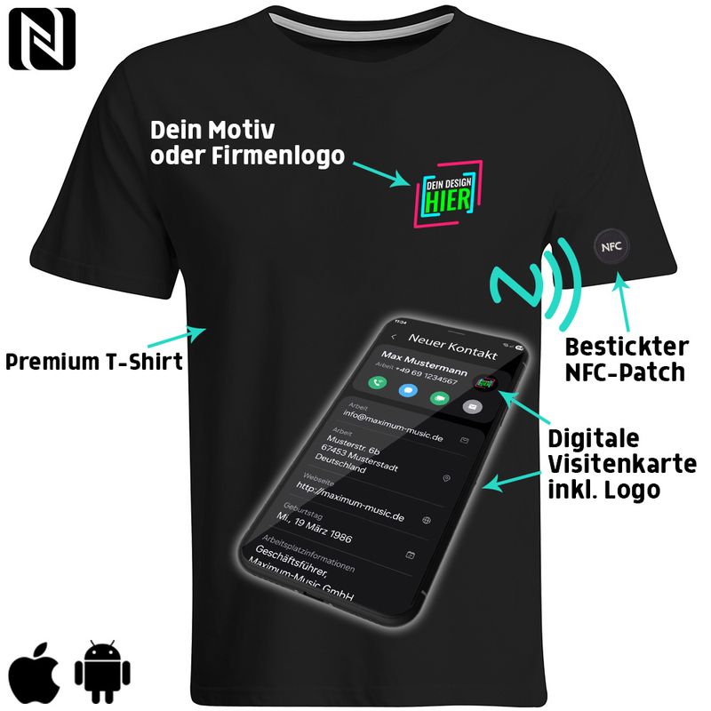 NFC T-Shirt mit eigenem Firmenlogo und besticktem NFC-Patch (Digitale Visitenkarte) | Herren