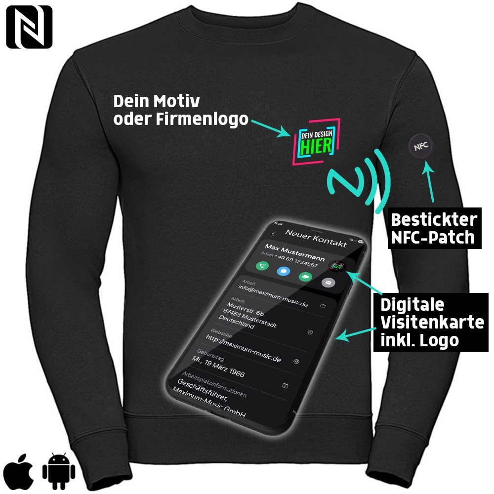 NFC-Sweatshirt mit eigenem Firmenlogo und besticktem NFC-Patch (Digitale Visitenkarte) | Unisex