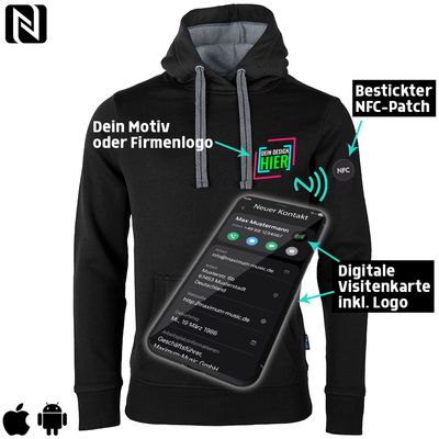 NFC Luxury-Hoodie mit eigenem Firmenlogo und besticktem NFC-Patch (Digitale Visitenkarte) | Unisex
