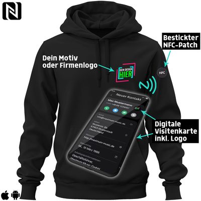NFC-Hoodie mit eigenem Firmenlogo und besticktem NFC-Patch (Digitale Visitenkarte) | Unisex