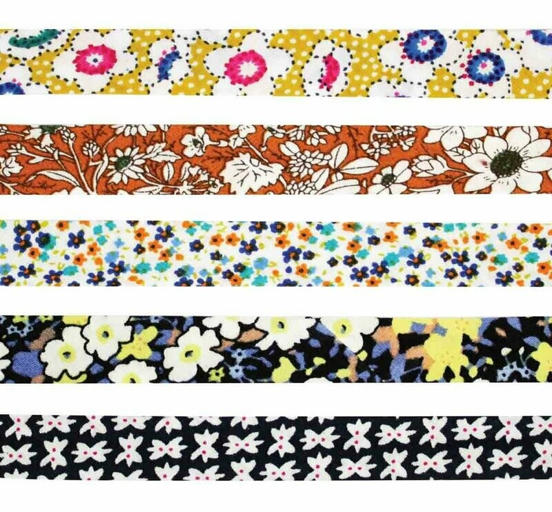 Biais coton motif fleurs marine/jaune (5 rubans)