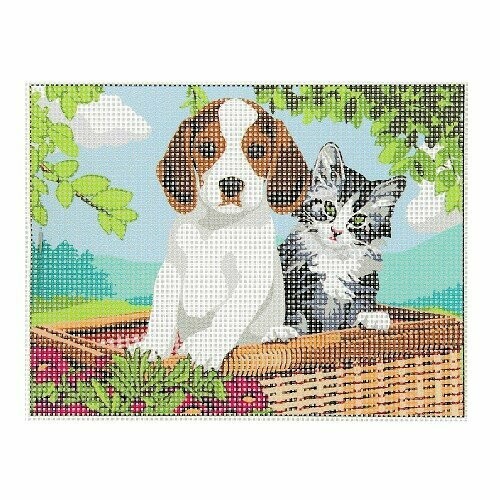 Kit complet canevas chaton avec chiot - 100% coton - 15 x 20 cm